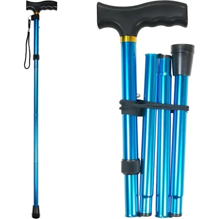 Baston pliabil de mers, compact, reglabil pe inaltime din aluminiu anodizat, suporta pana la 90 kg, maner ergonomic cu curea, varf cauciucat antiderapant, Albastru