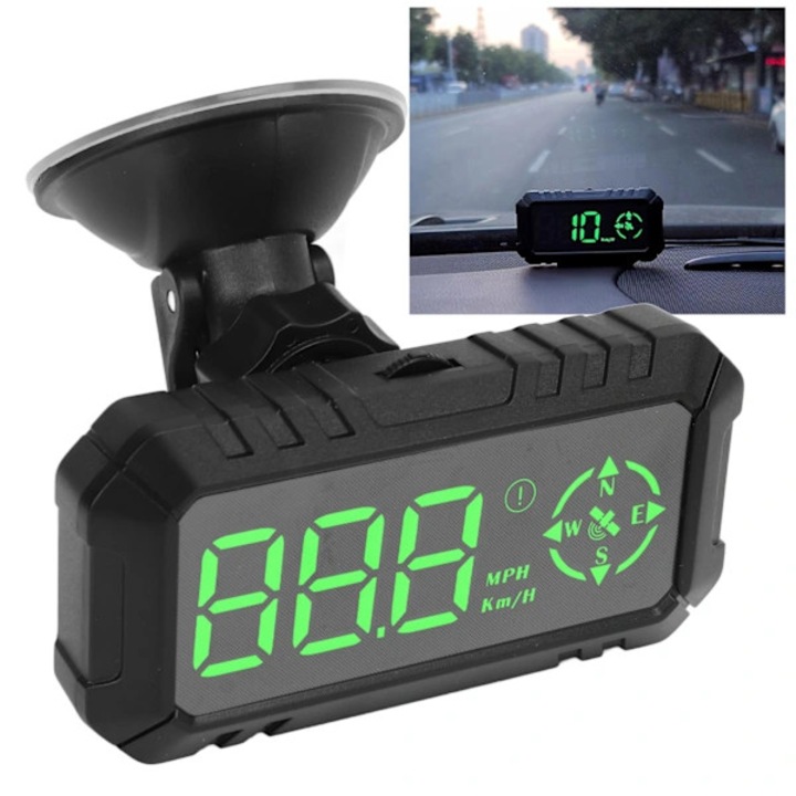 Afisaj HUD GPS 3 inch, indicator viteza cu busola, afisaj km/h si mph, avertizare depasire viteza si alarma oboseala la volan, Negru, 1 buc