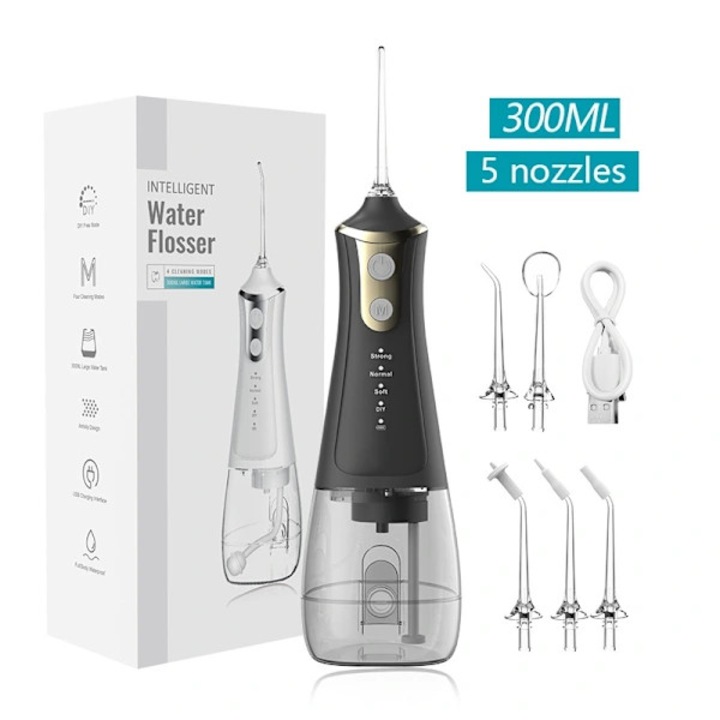 Irigator oral / aparat de curatare interdentar portabil, 5 duze, 4 moduri (Puternic/Normal/Moale/DIY), rezervor 300ml, baterie 2000mAh, incarcare USB, Negru, 1 buc
