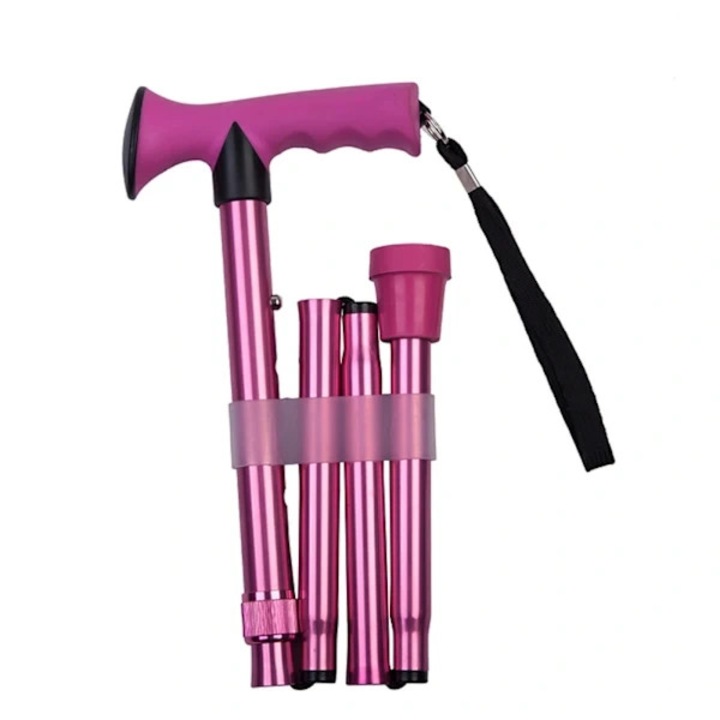 Baston pliabil, baston de mers din aluminiu anodizat, pliabil in 4 segmente, maner ergonomic cu curea de incheietura, compact, suporta pana la 120 kg, roz, 1 buc.
