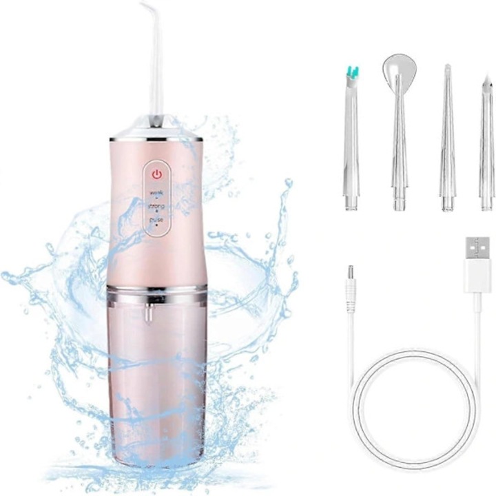 Irigator oral CJY fara fir reincarcabil, presiune 80-120 Psi, rezervor mare, IPX7 impermeabil, 4 duze profesionale, moduri soft/standard/puls, Roz, 1 buc