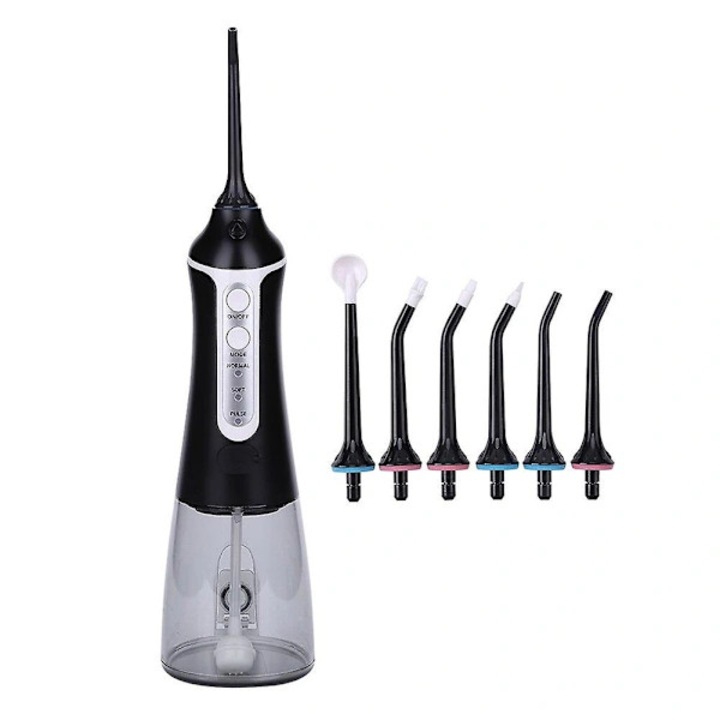 Irigator oral, flosser bucal USB reincarcabil, 3 moduri (standard/soft/puls), 6 duze interdentare incluse, negru, 300 ml
