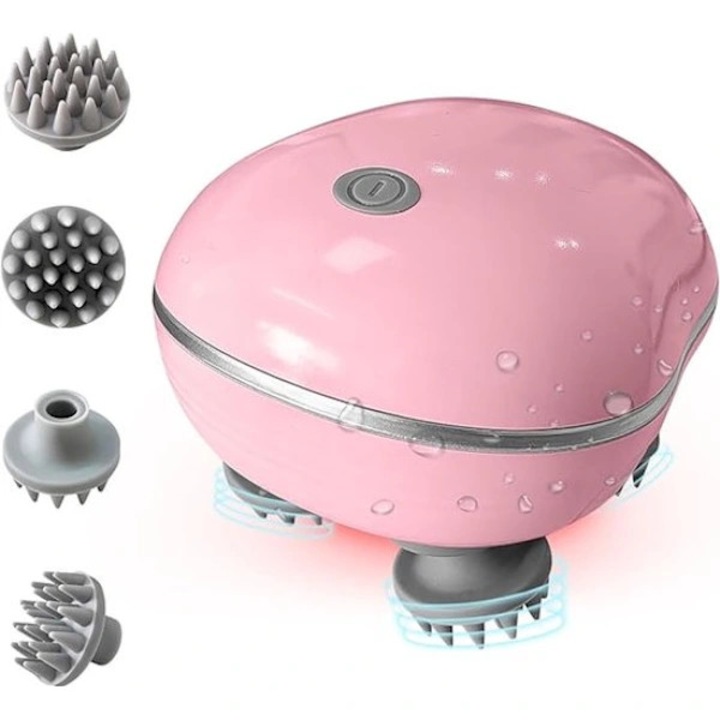Masajer electric pentru scalp, dispozitiv de masaj portabil cu rotatie care imita tehnici profesionale, reincarcabil USB, IPX7 impermeabil, capete din silicon lavabile, stimuleaza circulatia sangelui si cresterea parului, roz, 1 buc