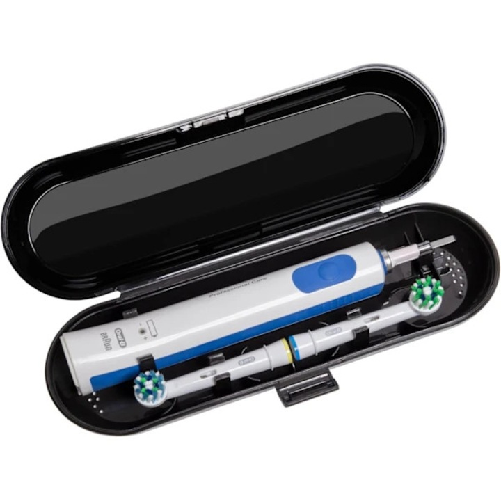 Калъф/кутия за пътуване за електрическа четка за зъби, съвместим с Oral-B/Philips Sonicare, от хранителна пластмаса, капацитет 1 четка + 2 глави, черен, 1 бр.