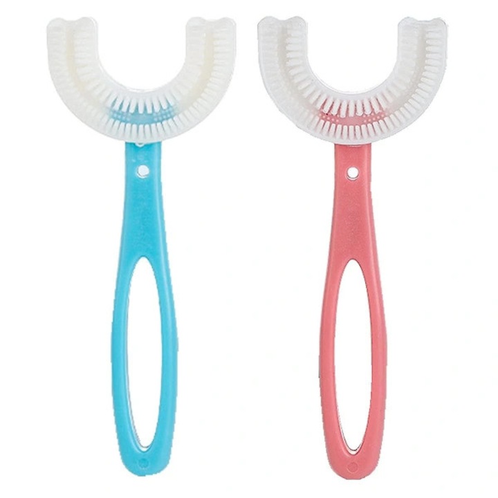 Set 2 bucati, Periute de dinti U-forma pentru copii, din silicon, curatare 360°, ergonomice, albastru/roz, 12.5x4.8 cm