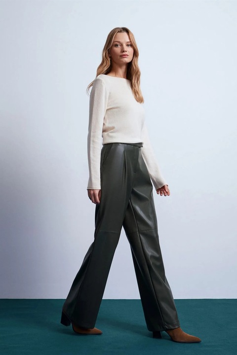 Pantaloni dama, Dilvin, talie inalta, croiala larga, verde padure, imitatie de piele, L INTL