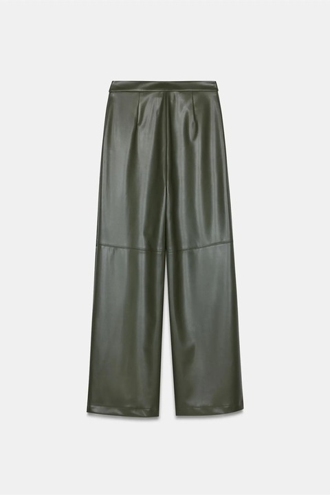 Pantaloni dama, DILVIN, talie inalta, croiala larga, verde padure, imitatie de piele