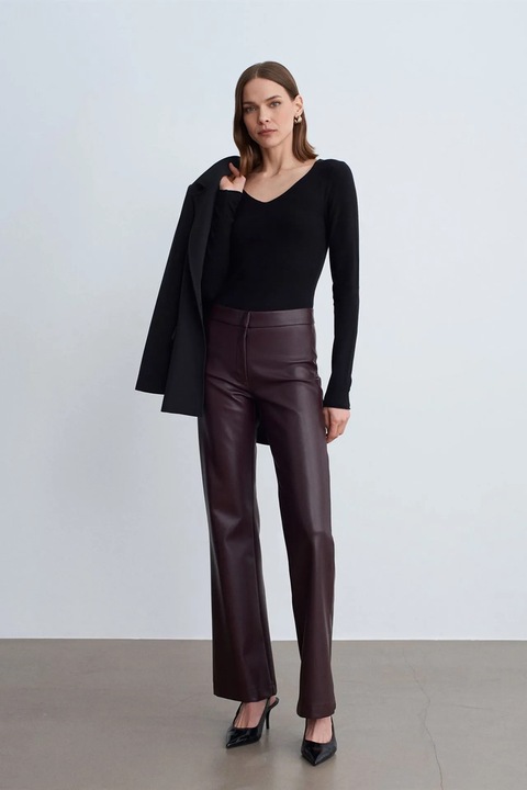 Pantaloni dama, Dilvin, evazati, piele ecologica, rosu burgundy