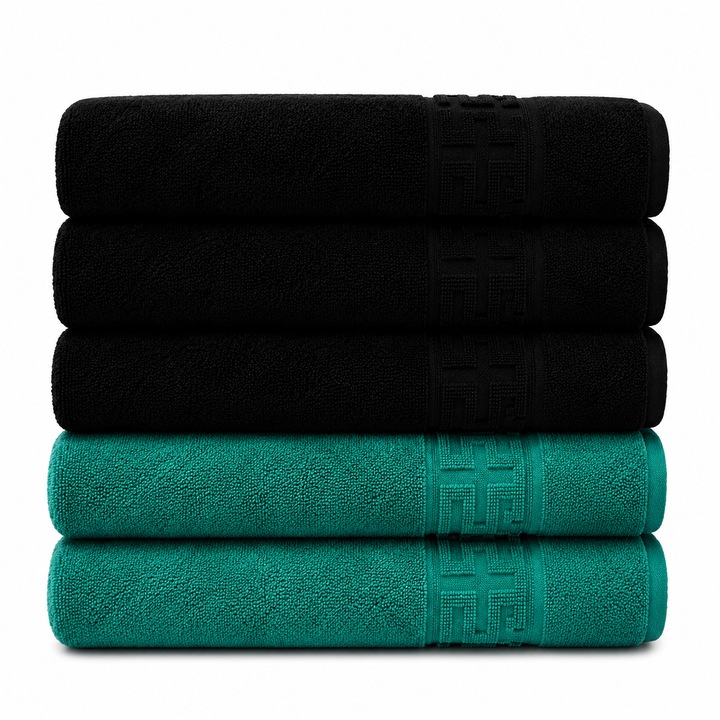 Prémium 5 darabos fürdőlepedő szett, 100% pamut, 70x130 cm, extra puha, bolyhos és szuper nedvszívó - fekete / krém