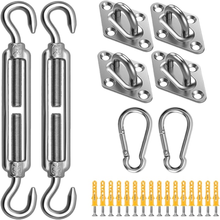 Kit accesorii pentru vela de umbra 6mm, otel inoxidabil 304, tiranti telescopici reglabili pentru tensiune, rezistent la coroziune, argintiu, 40 piese