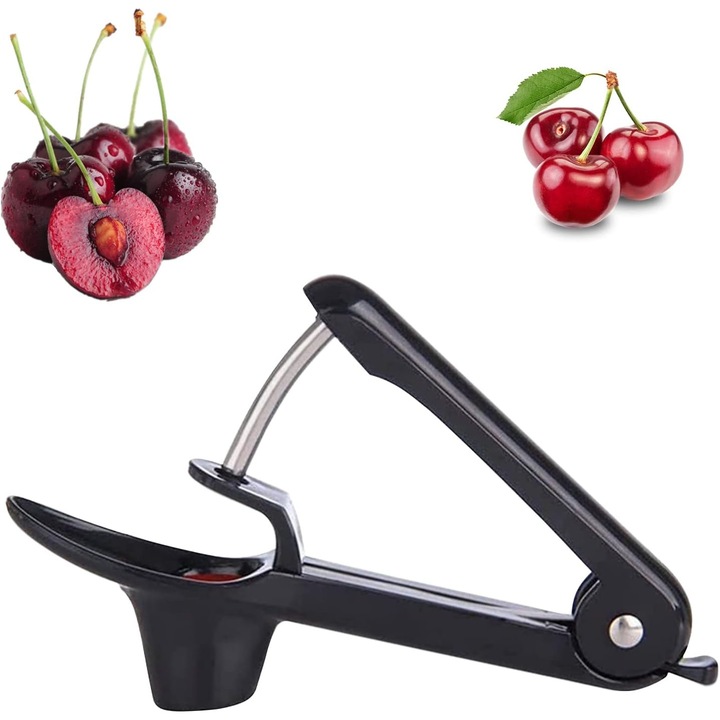 Curatator/scotator de samburi pentru cirese si masline, din silicon alimentar si otel inoxidabil, ergonomic, negru, 1 buc, 20 x 12 cm