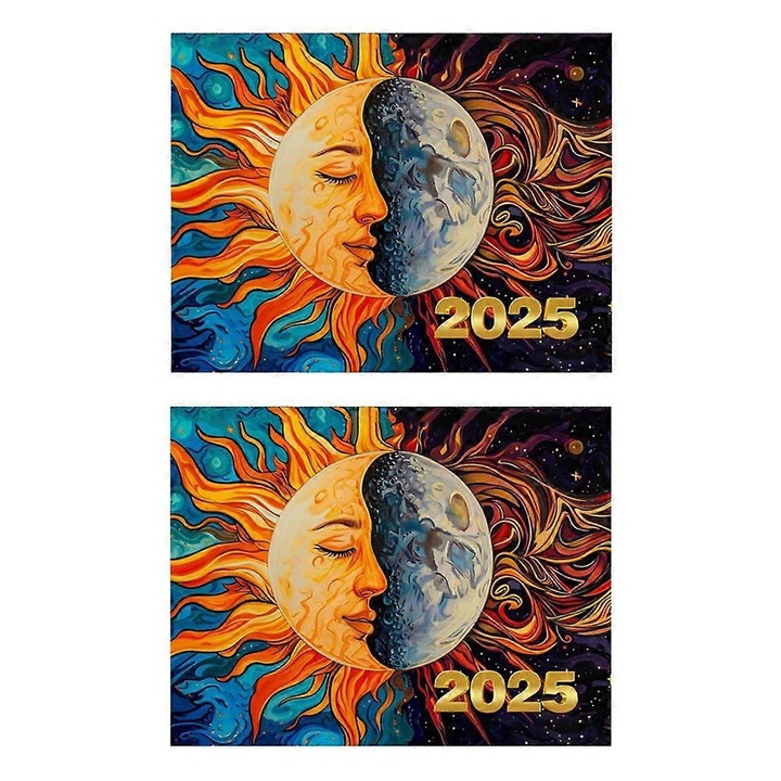 Calendar planificator lunar 2025 Soare si Luna, design artistic cu fazele lunii, pagini din hartie rezistente, Multicolor, 2 bucati