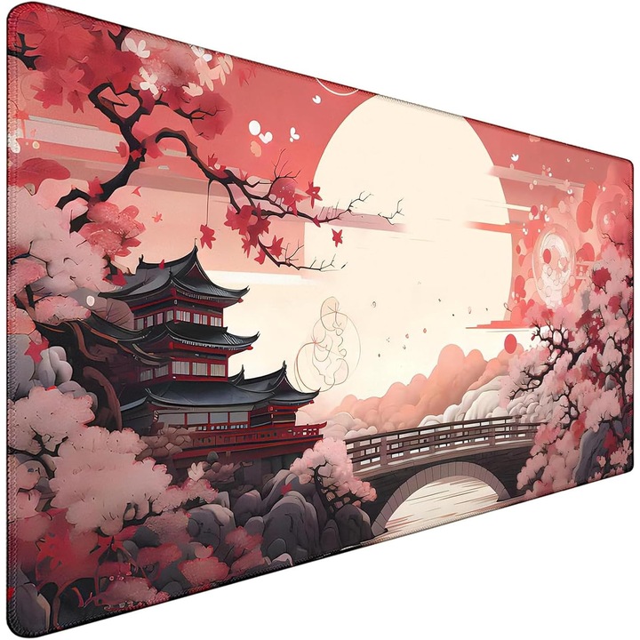Covoras de birou, Mouse Pad de gaming japonez, Mouse Pad XXL 800 x 300mm Covoras mare de birou cu baza de cauciuc antiderapanta si impermeabila pentru laptop si birou (Apus de soare)
