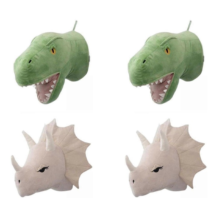 Set 4 bucati, decoratiuni de perete dinozaur din plus scurt cu umplutura PP, 3D, pentru camera bebelusi, verde/bej