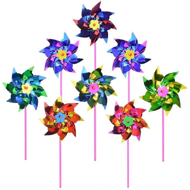 Set 100 bucati, morisca decorativa/moara de vant din plastic si folie metalica, asamblabila, diametru 16 cm, multicolor, lungime 35.5 cm
