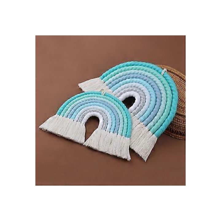 Decoratiune de perete macrame curcubeu, ornament boho, din sfoara de bumbac, artizanal cu 8 randuri si franjuri, multicolor, 1 buc