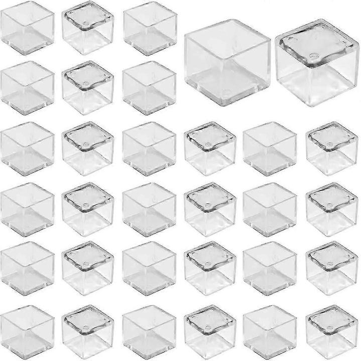 Set 32 bucati, capace/protectori picioare scaun din silicon, pentru picioare patrate 25x25 mm, grosime 5-6 mm, transparente, reutilizabile