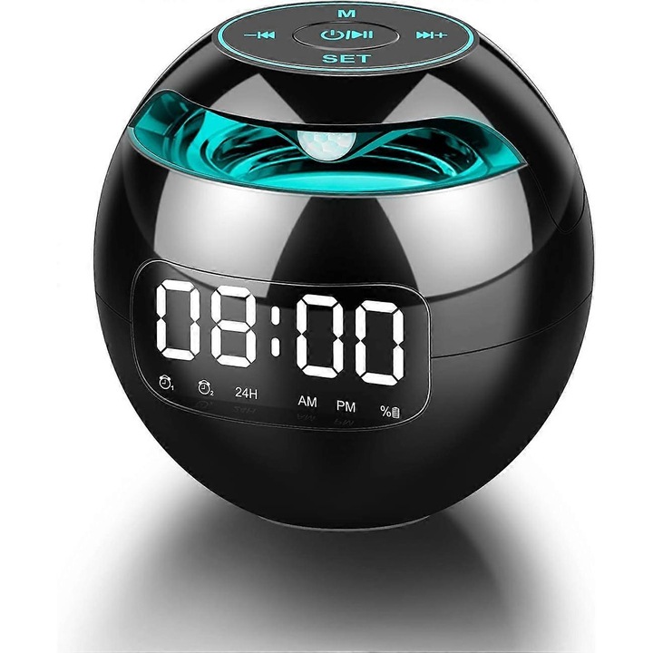 Boxa portabila Bluetooth, ceas cu alarma, 7 culori LED, negru, 10x10x10cm
