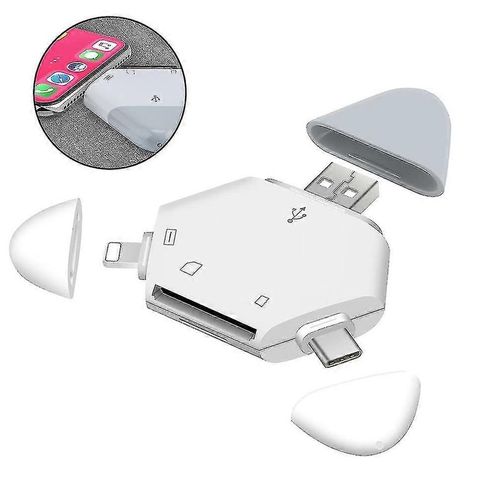 Четец за карти 5 в 1, бял, 65x65x65mm, USB 2.0