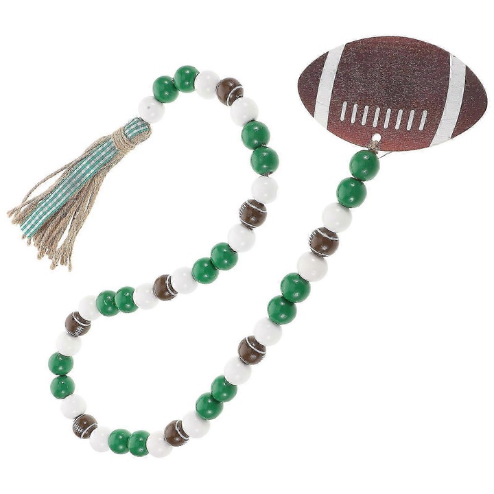 Ghirlanda din margele din lemn, sirag decorativ cu ciucure si eticheta in forma de minge de rugby, rustica, multicolor, 82 cm, 1 buc