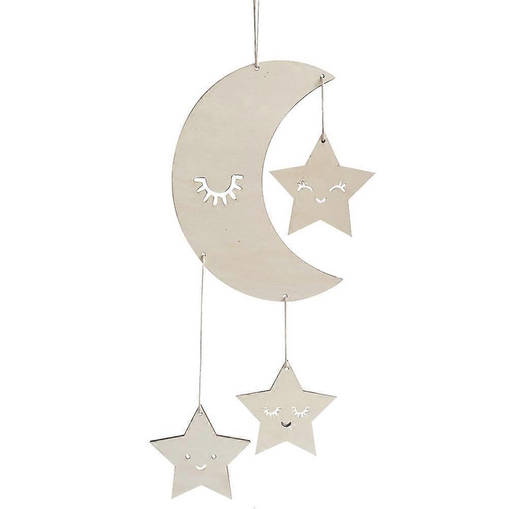 Set 2 bucati, decoratiune suspendata pentru copii, model Luna si Stele, placaj din lemn, cu decupaj gene si stele, bej, 22 x 40 cm