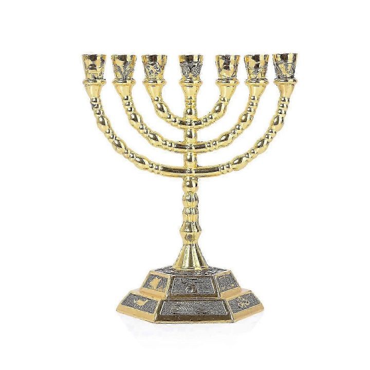 Suport lumanari Menorah 7 brate metal auriu 13x10.5x7cm
