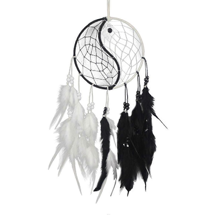 Prinzator de vise, capcana pentru vise boem, facut manual, cu pene decorative si design yin-yang, alb/negru, 1 buc, 15 x 50 cm