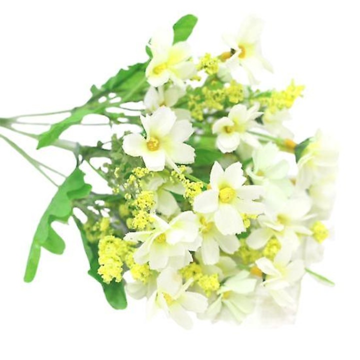 Buchet flori artificiale, aranjament floral din matase si plastic, aspect realist, rezistent la apa, alb, 34.5 cm, 1 buchet (7 crengute, 28 flori)
