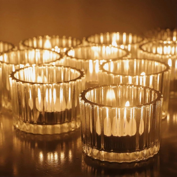 Set 12 suporturi lumanari tealight sticla transparenta, 5x3.5cm, design vintage