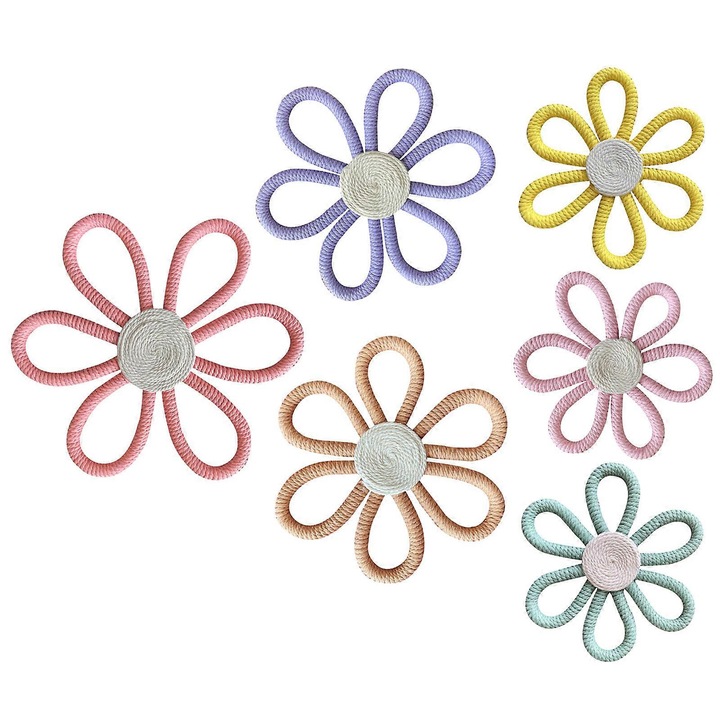 Set 6 bucati, decoratiuni de perete flori impletite din sfoara de bumbac, pentru camera bebelusi, multicolor