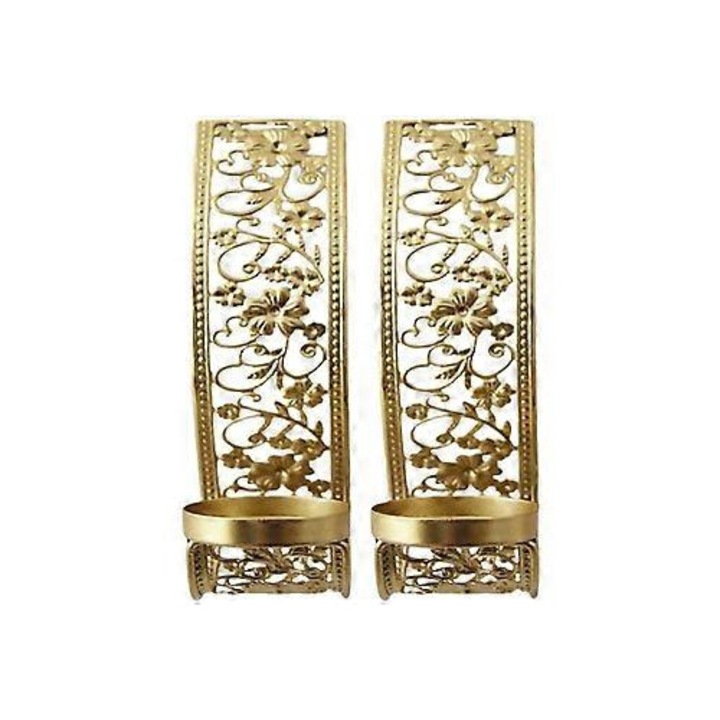 Set 2 suporturi lumanari perete metalice aurii 16x8x5cm