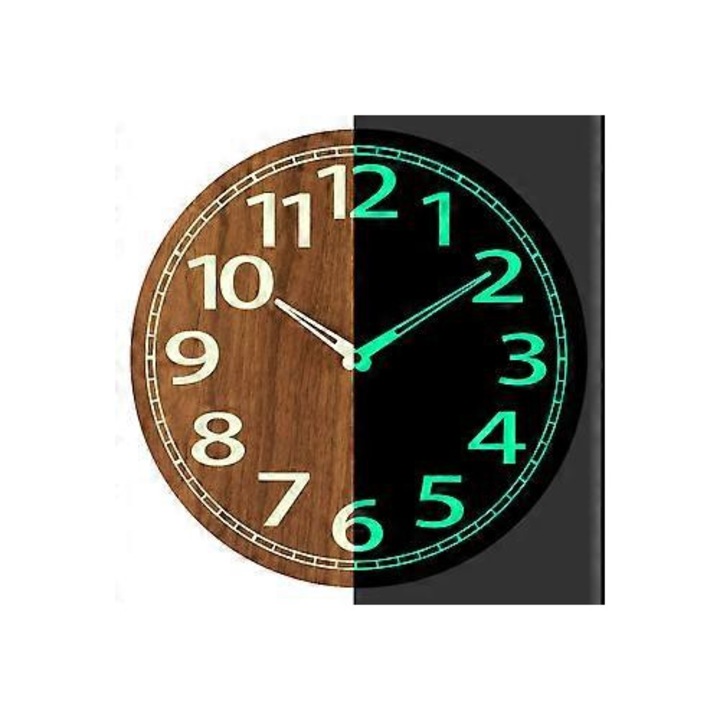 Falióra, fa falióra foszforeszkáló világító funkcióval, csendes, "nem ketyegő" mechanizmus, keret nélkül, barna/foszforeszkáló zöld, 30 cm