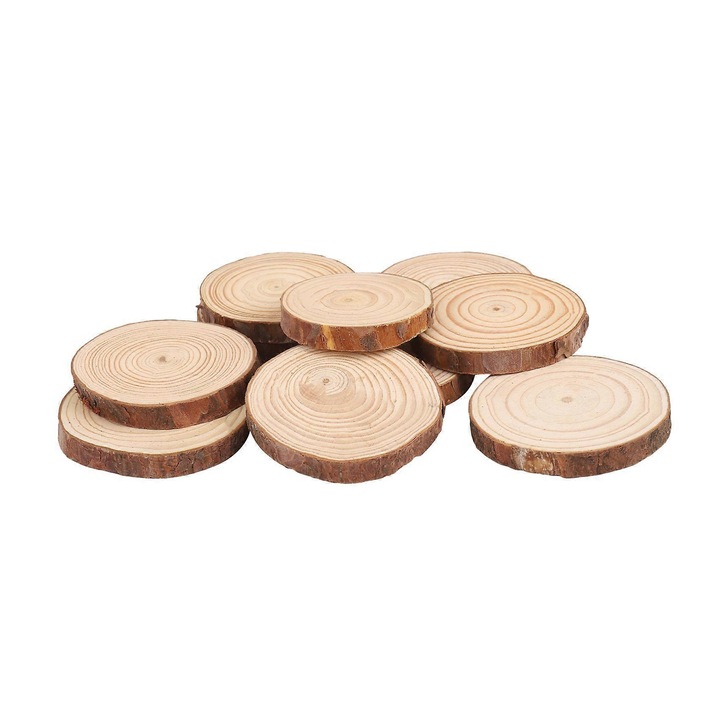Felii din lemn decorative, bucati rotunde din lemn natural cu scoarta, 6 x 7 x 1 cm, maro, 10 bucati