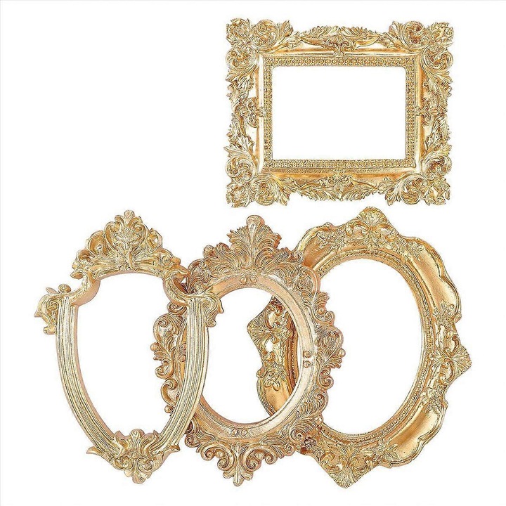Set 16 bucati, rame foto vintage din rasina cu luciu metalic si sculpturi florale, auriu, 10x12.3 cm