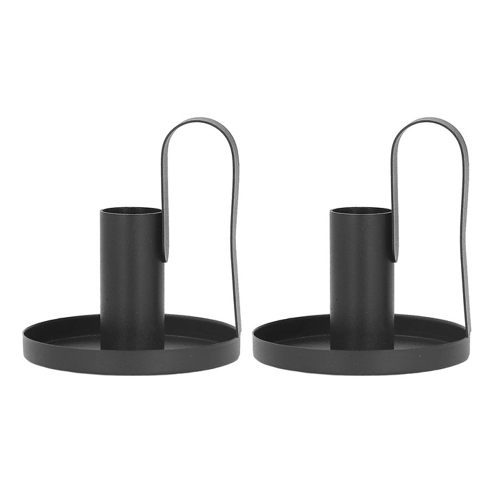 Set 2 bucati, Suporturi de lumanari (sfesnice) din fier cu maner curbat si baza in forma de floare, finisaj mat, Negru, 2 buc