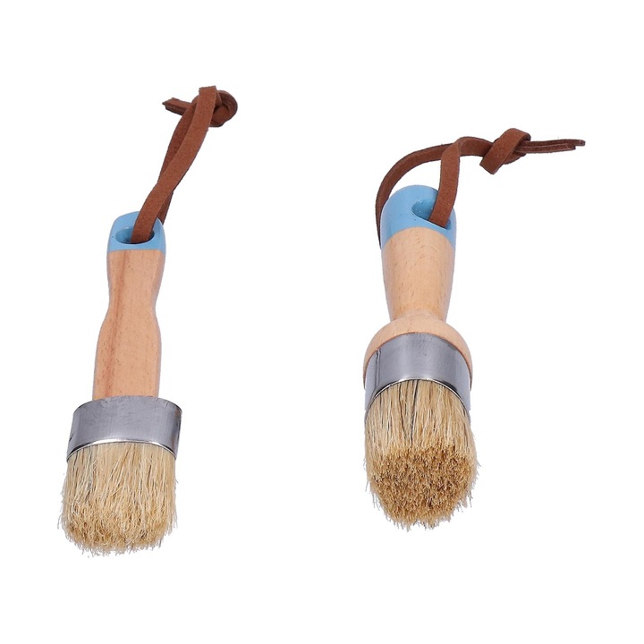 Set 2 bucati, pensule rotunde pentru vopsea si ceruire, perii sintetici, maner din lemn de fag ergonomic, pentru mobilier si decor, multicolor