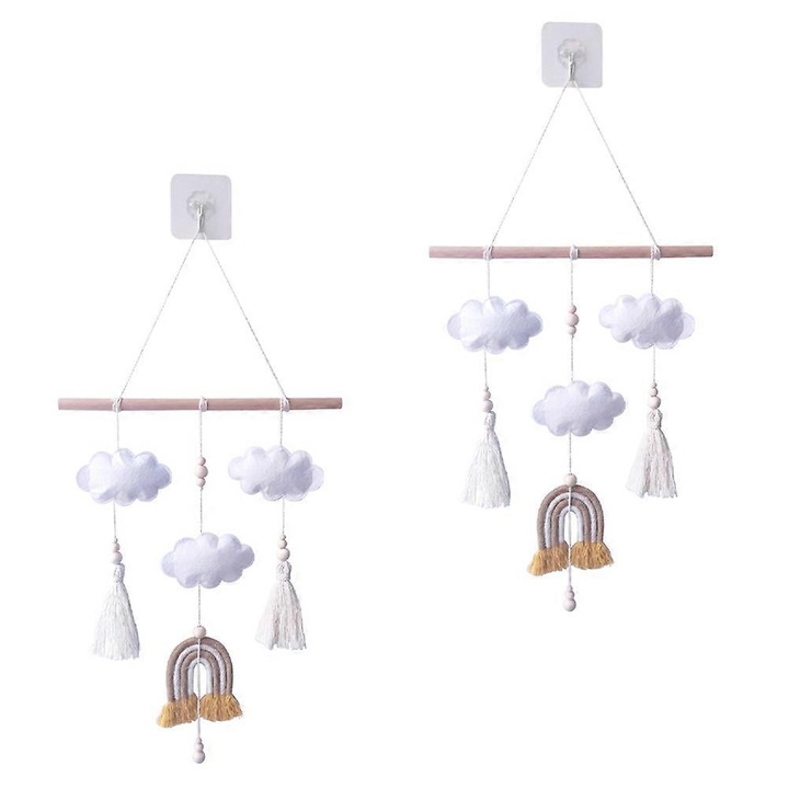 Decor suspendat nori, mobil de perete din lana si lemn, cu ciucuri si margele, pentru camera copilului, alb, 4 bucati, 38x28 cm