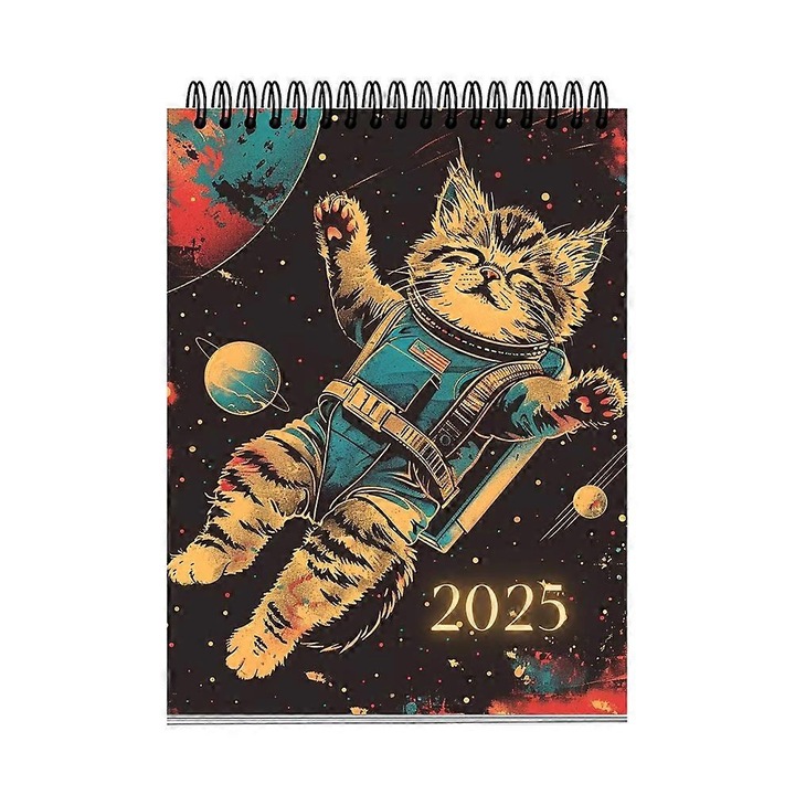 Calendar de perete Space Cat 2025, calendar anual tematic cu pisici si animale de companie, 12 fotografii lunare, hartie premium, Multicolor, 1 buc
