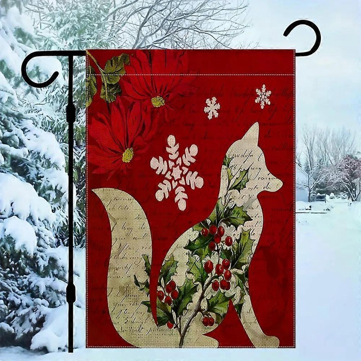 Steag de gradina dublu fata Craciun, design fructe rosii si vulpe, poliester, 30x45cm