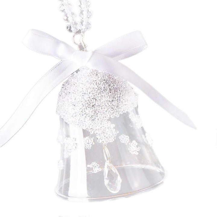 Clopotel decorativ, ornament de craciun din cristal, cu pandantiv picatura, taietura multifatetata, alb, 1 buc, 24.5x8x6 cm