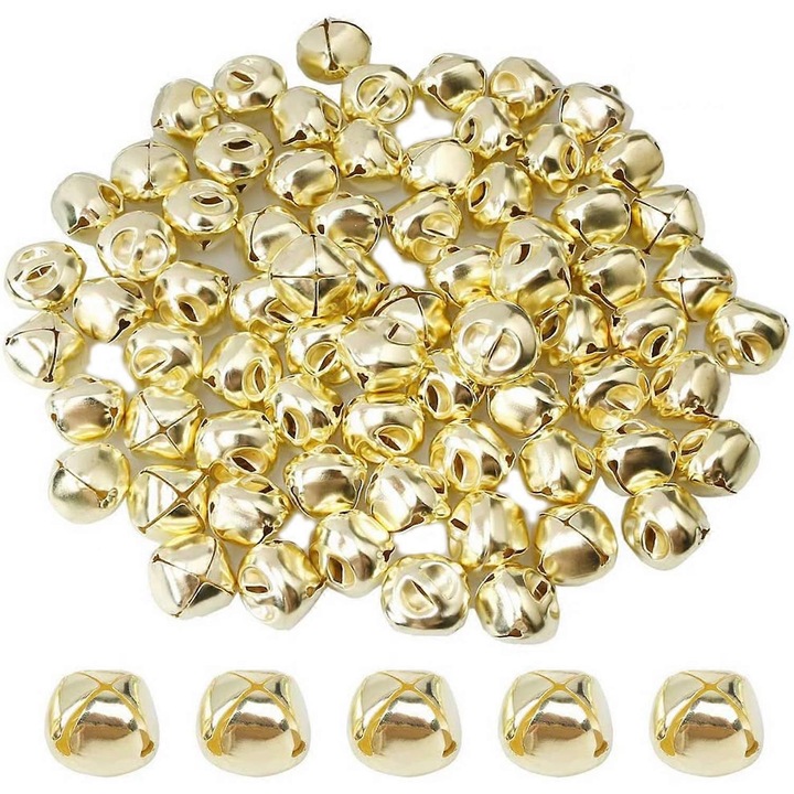 Set 100 bucati, clopotei metalici 15mm, din fier, cu sunet zornaitor, pentru decoratiuni si proiecte DIY, auriu