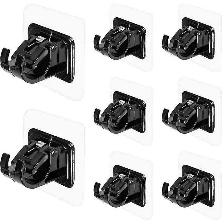 Suport pentru bara de perdea autoadeziv, suport draperie din plastic, montaj fara gauri, pentru tije 1-2 cm, capacitate 5 kg, Negru, 7x7.5 cm, 8 bucati