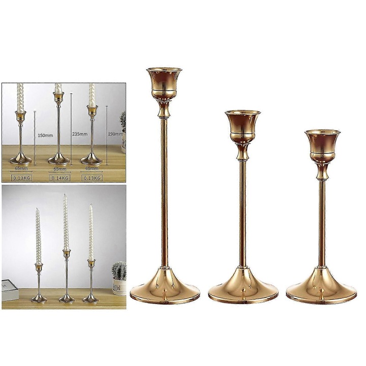 Set suporturi lumanari metalice, 3 piese, negru, 65x150x235mm