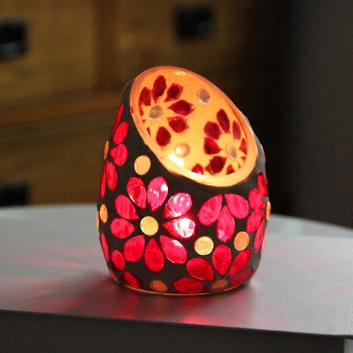 Set suporturi lumanari tealight mozaic, sticla, albastru si rosu, 10.5x8cm