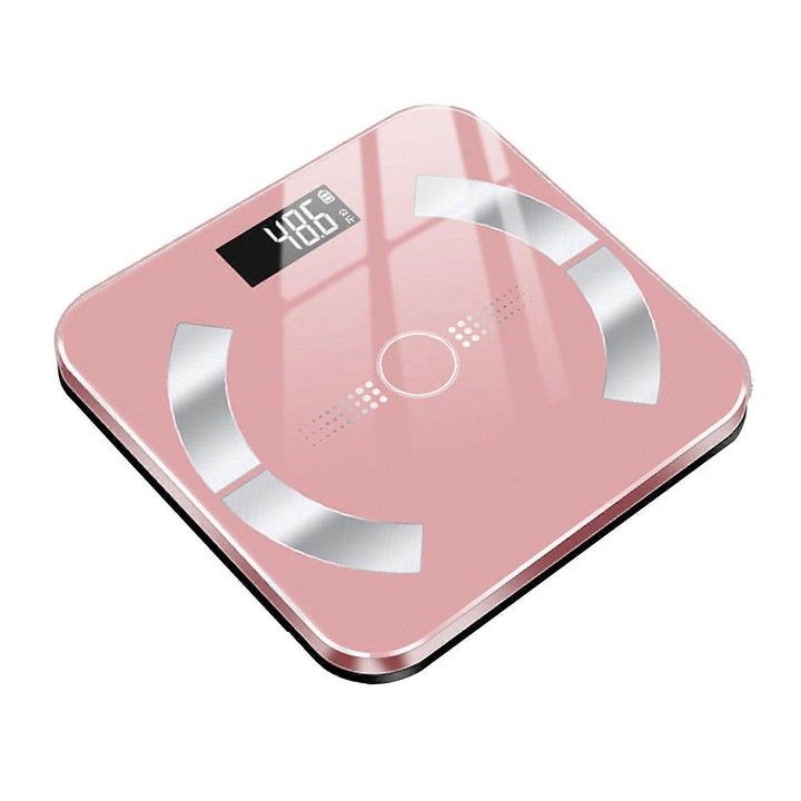Cantar electronic corporal inteligent/analizor compozitie, sticla securizata, LCD cu iluminare de noapte, Bluetooth pentru smartphone, precizie 0.01 kg, 2-180 kg, Roz, 1 buc