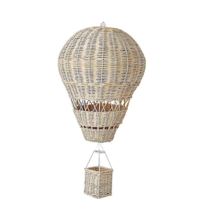 Decoratiune balon cu aer cald din ratan, ornament suspendat impletit manual, stil boem nordic, bej, 30x22 cm, 1 buc