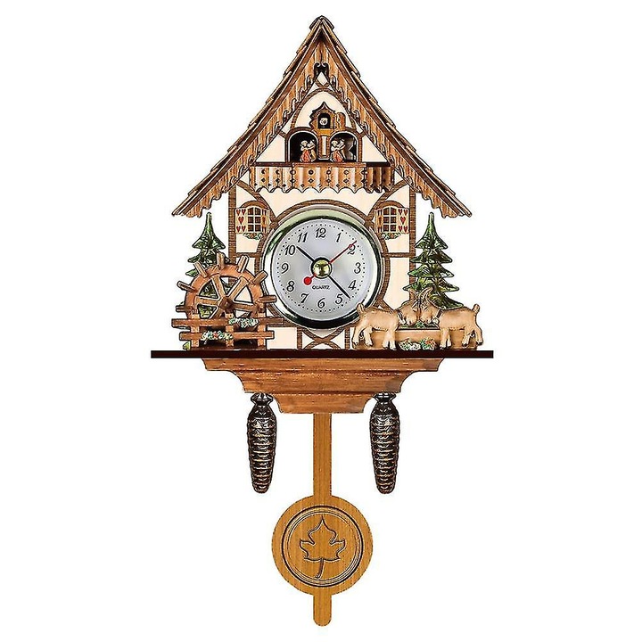 Ceas de perete cu cuc, ceas cu cuc stil traditional, din mdf si plastic, retro 3D cu pendul si clopotel, silentios, alimentare 1 x baterie AA, culoare lemn, 1 buc