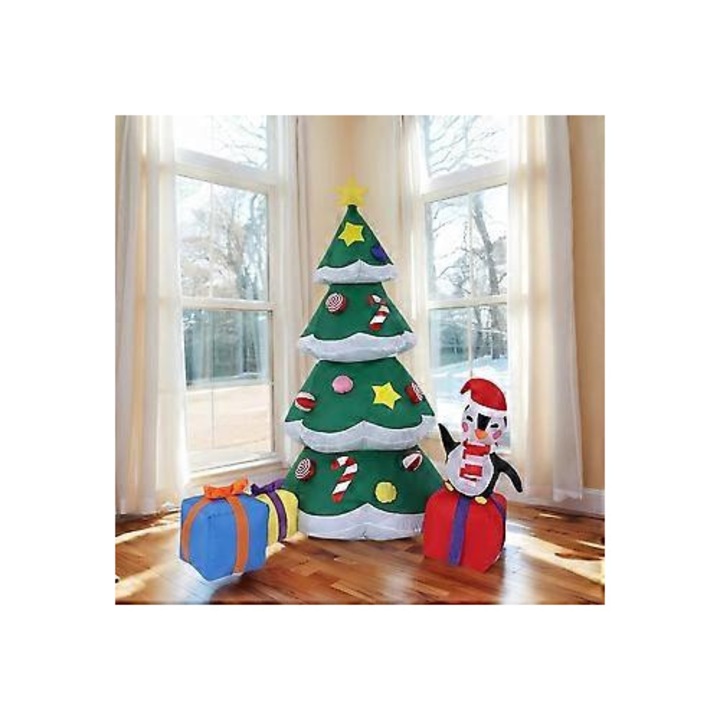 Pom de Craciun gonflabil / ornament gonflabil, lumini LED incorporate, cu pinguin festiv, ventilator integrat pentru umflare rapida, priza SUA, rezistent la intemperii, 180 cm, Multicolor, 1 buc