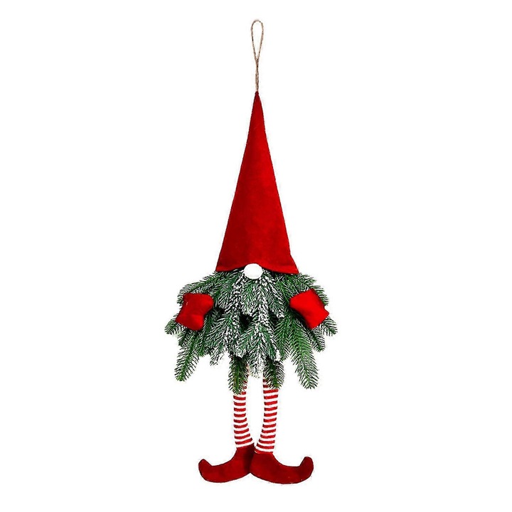 Decoratiune de Craciun gnom decorativ din material netesut, cu lumini albe calde si palarie conica rosie, potrivit pentru interior si exterior, rosu/verde, 70 x 28 cm, 1 buc