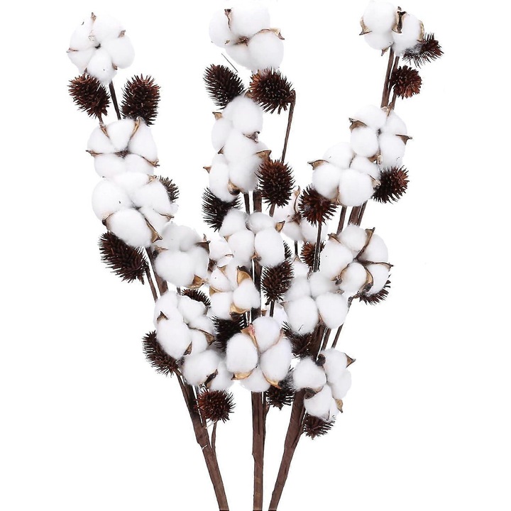 Buchet/aranjament flori uscate din bumbac natural, 6 capete pe ramura, cu sarma flexibila pentru modelare, lungime 72 cm, alb, 3 bucati